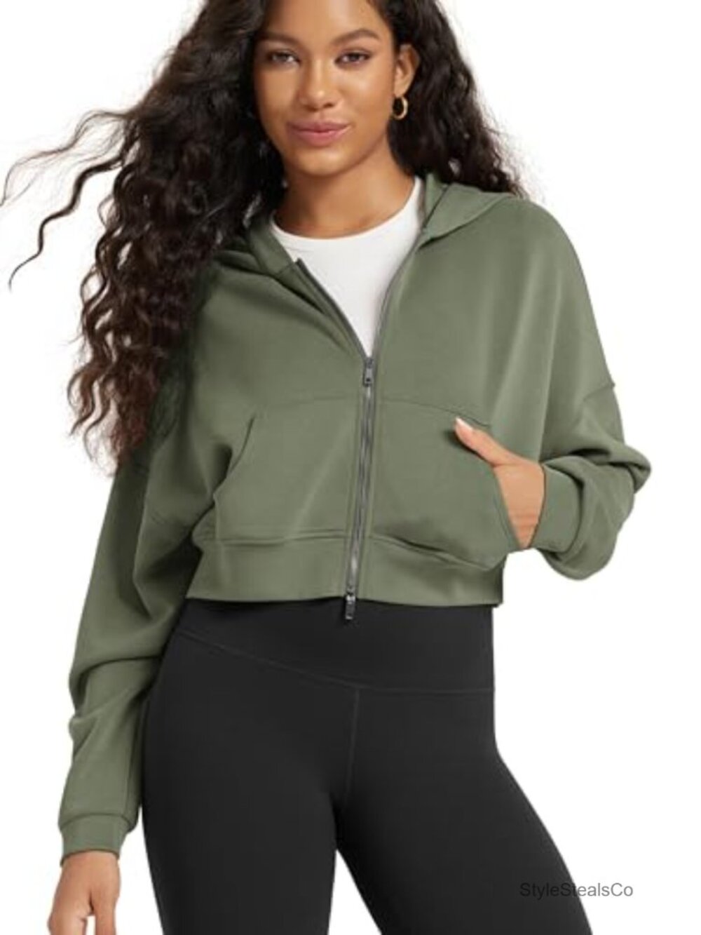 Modal Soft Full-Zip Cropped Hoodie with Pockets Long Sleeve Casual
